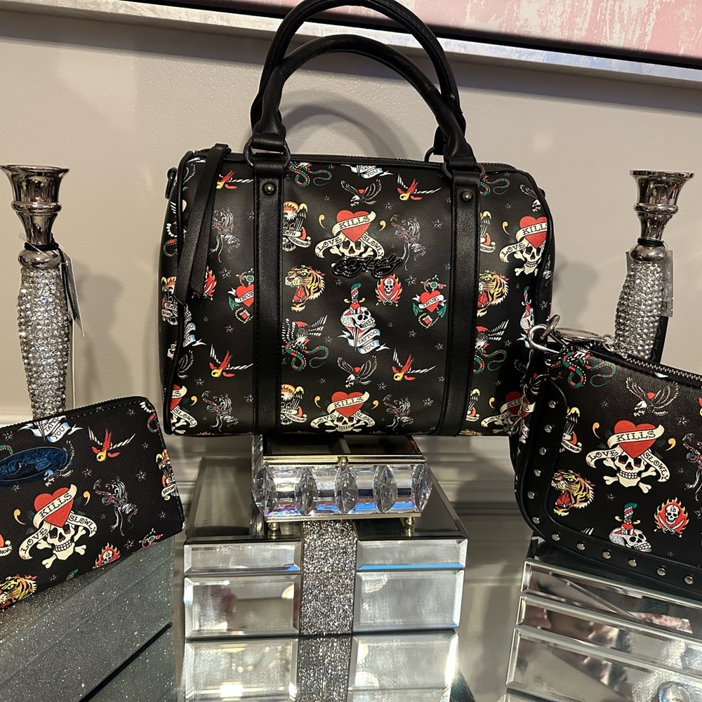 Ed Hardy Tattoo Print Handbag Set